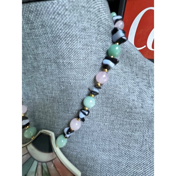 Vintage LEE SANDS Abalone Shell Inlay Fan Shape Statement Necklace Rose Quartz J - Picture 2 of 6